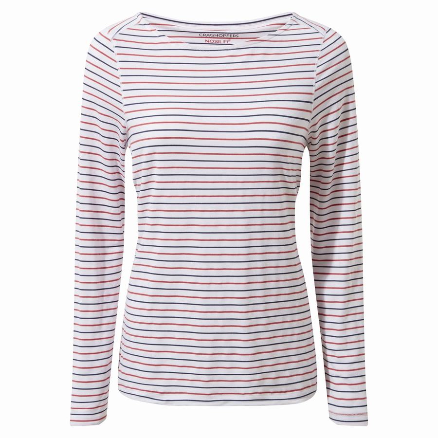 Craghoppers NosiLife Erin Long Sleeved T-shirts Dame Blå Mørkeblå Rød Striber | BOW2598CZ