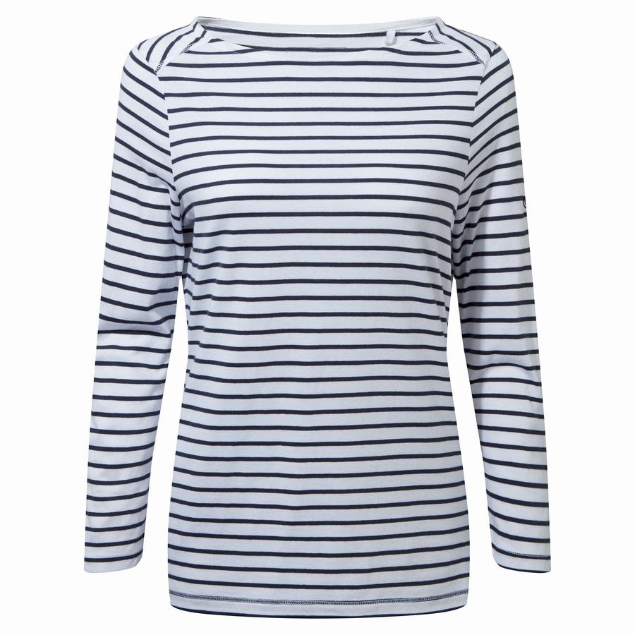 Craghoppers Blanca 3/4 Sleeved Top T-shirts Dame Blå Mørkeblå Hvide Striber | WJC5027FE