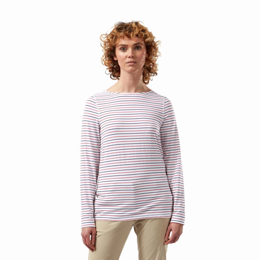 Craghoppers NosiLife Erin Long Sleeved T-shirts Dame Blå Mørkeblå Rød Striber | BOW2598CZ